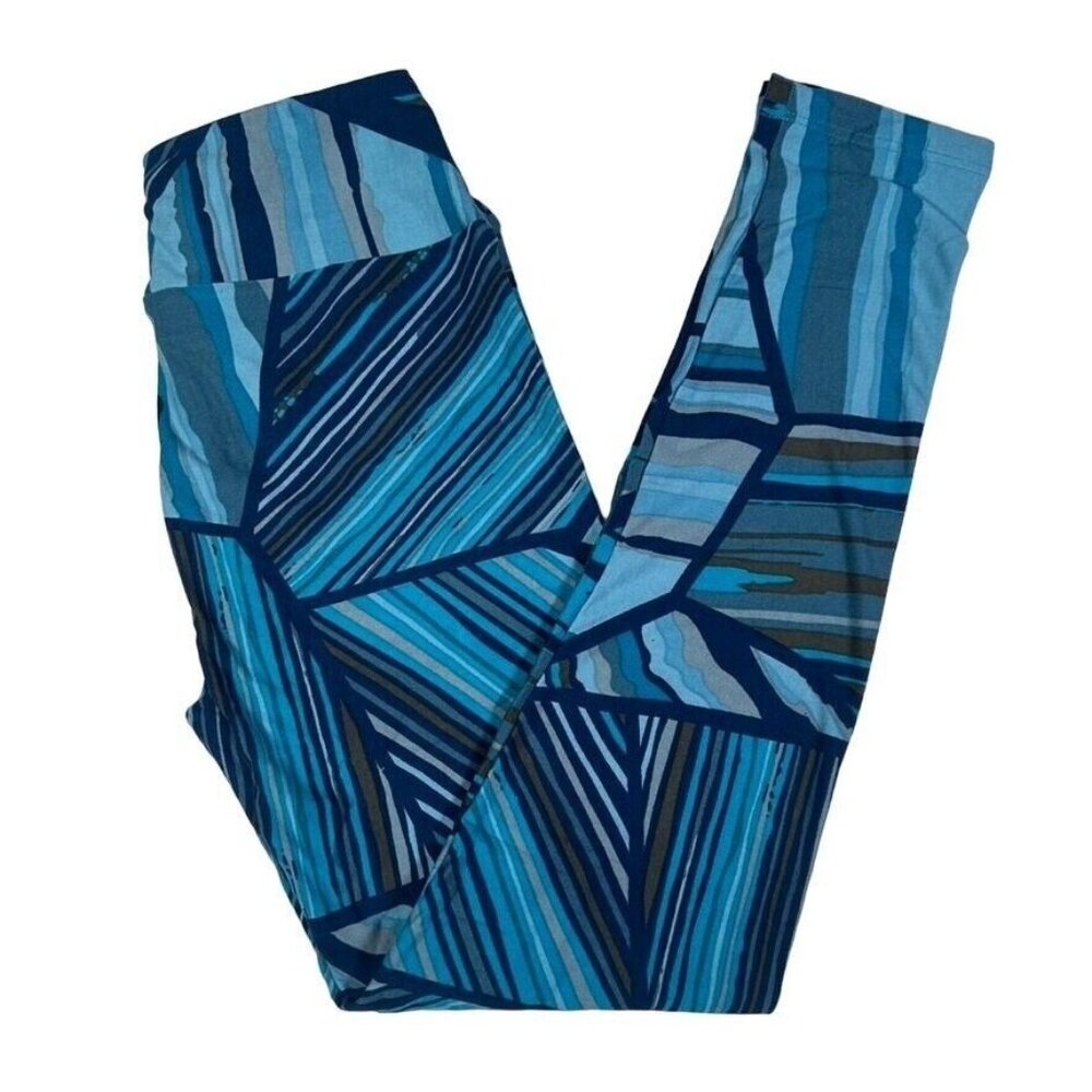 LuLaRoe Shades of Blue Geometric Stripe Stained Glass LLR Leggings One Size OS